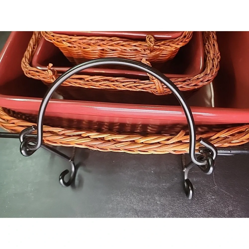 New Temptations RED Stone Casserole Bakeware Dish Set w/Handled Baskets